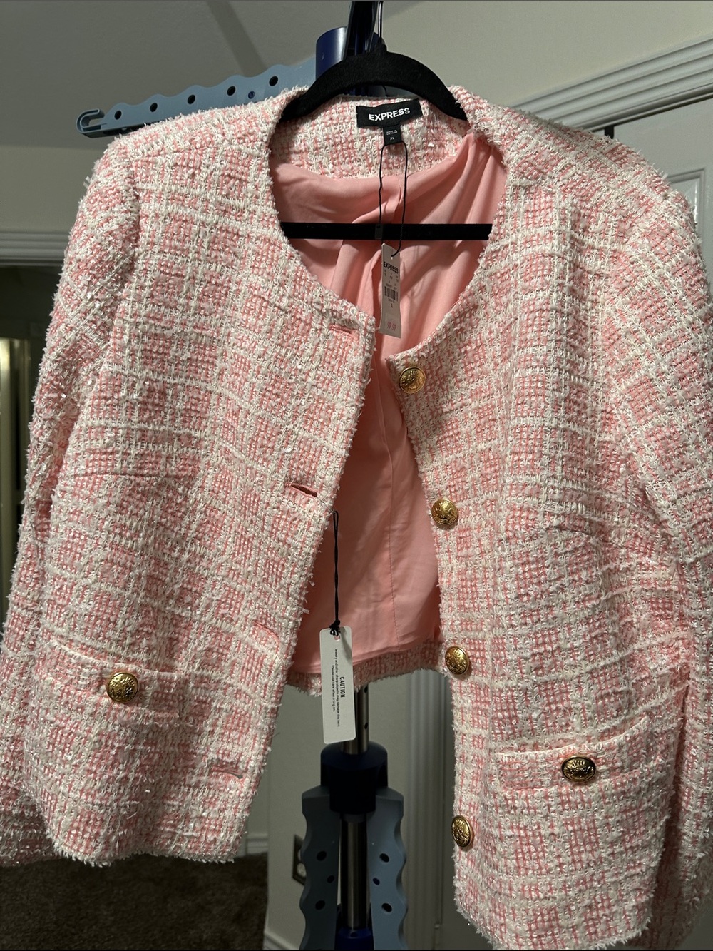 Express Pink & Cream Tweed Cropped Blazer with Gold Buttons